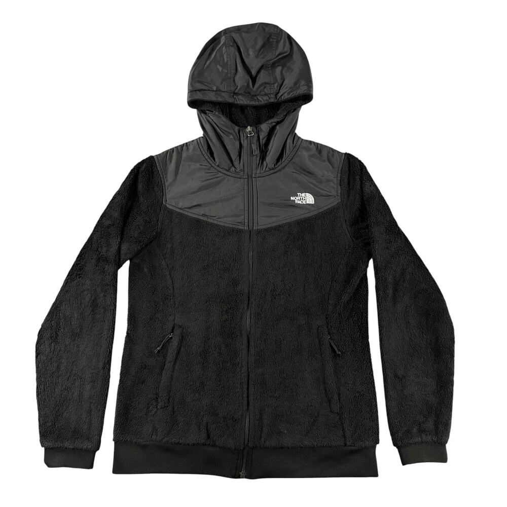 The North Face Womens M Hooded Fleece Jacket Black Full Zip Overlay Outdoor
